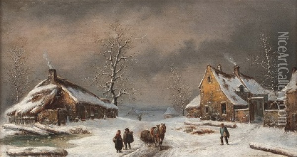 Winterlandschaft (+ Another; Pair) Oil Painting - Louis-Claude Malbranche