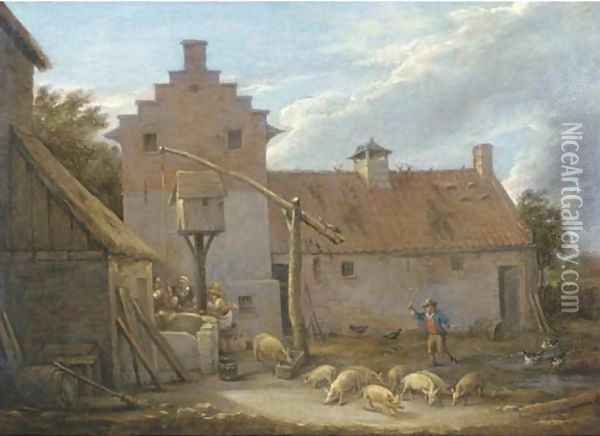A farmyard with pigs and ducks by a pool, with peasants at a nearby well Oil Painting - David The Younger Teniers