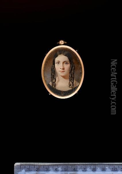 A Young Girl, Wearing Dark Grey Dress With Portrait Miniature Pinned To Front And Gold Necklace, Her Brown Hair Dressed In Ringlets. Oil Painting - Anne Hayter
