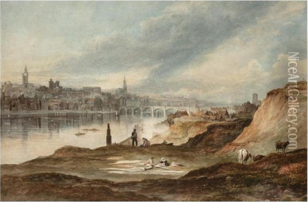 View Of Newcastle Upon Tyne From The Banks Of The Tyne Oil Painting - Thomas Henry Hair