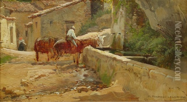 Caballos En La Fuente Oil Painting - Mariano Barbasan Lagueruela