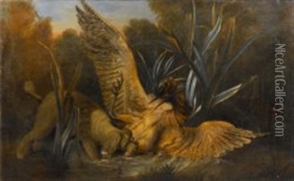 Chien Barbet Attaquant Un Butor Oil Painting - Jean-Baptiste Oudry