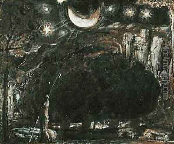 A Shepherd and his Flock under the Moon and Stars, c.1827 Oil Painting - Samuel Palmer