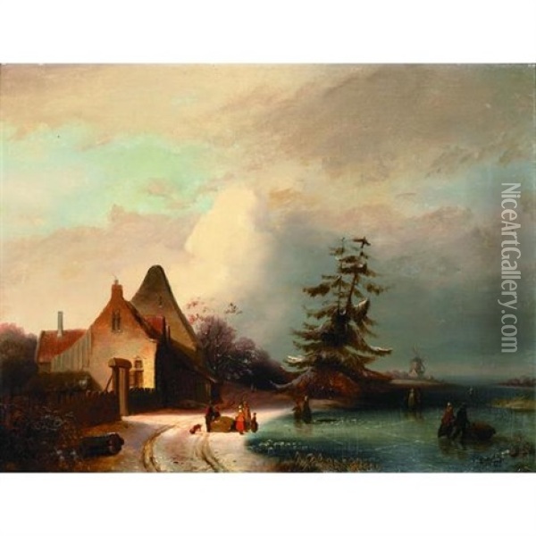 A Winter Landscape With Figures Skating On A Frozen River And A Windmill Beyond Oil Painting - Andreas Schelfhout