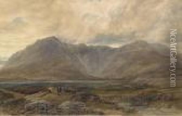 Peat Cutters In A Mountainous Landscape Oil Painting - David Cox