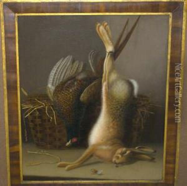 Still Life Of Dead Game With A 
Hare And Cock Pheasant Beside A Basket Oil On Canvas, 76cm By 63.5cm 
*the Picture Is Contained Within A Gilt And Wooden Inlaid Frame Oil Painting - Benjamin Blake