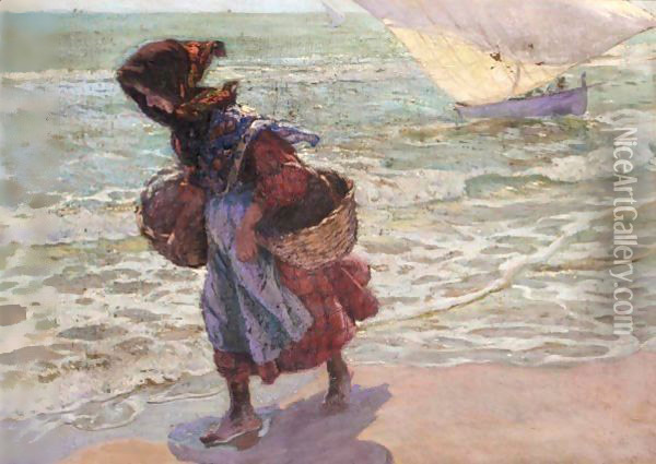 Pescadora En La Playa De Valencia (Fisherwoman On Valencia Beach) Oil Painting - Jose Mongrell Torrent