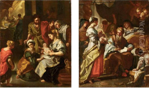 Nascita Della Vergine; Nascita Del Battista Oil Painting - Francesco Solimena