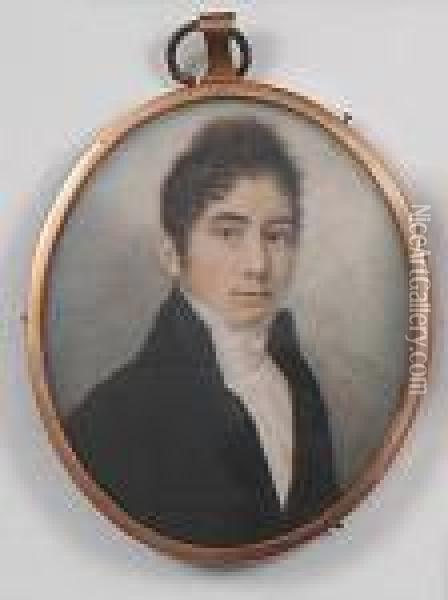 A Miniature Portrait Of Young Gentleman Wearing A Dark Coat And White Cravat With Dark Curly Hair Oil Painting - William Armfield Hobday