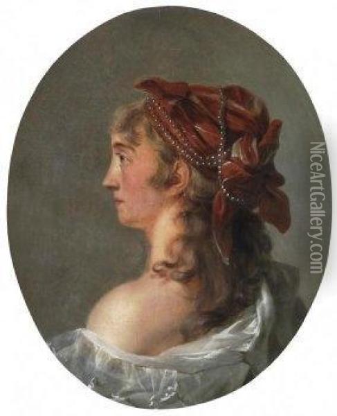 Portrait Of A Young Lady With Red, Pearlset Scarf In Profile Oil Painting - Anna Dorothea Liszewska-Therbusch
