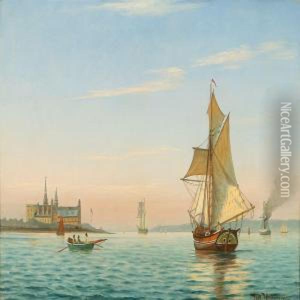 Marine With Sailing Ships Near Elsinor Castle Oil Painting - Johann Jens Neumann