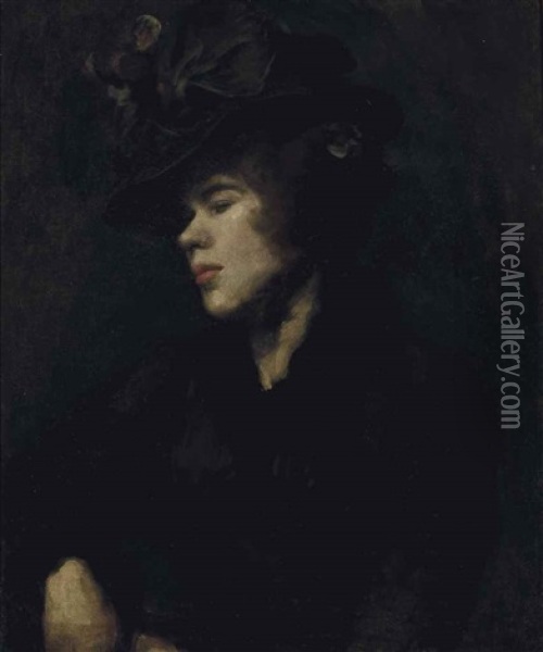 Portrait Of Ida Nettleship (1877-1907), Half-length, In A Burgundy Dress And Hat Oil Painting - William (Sir) Rothenstein