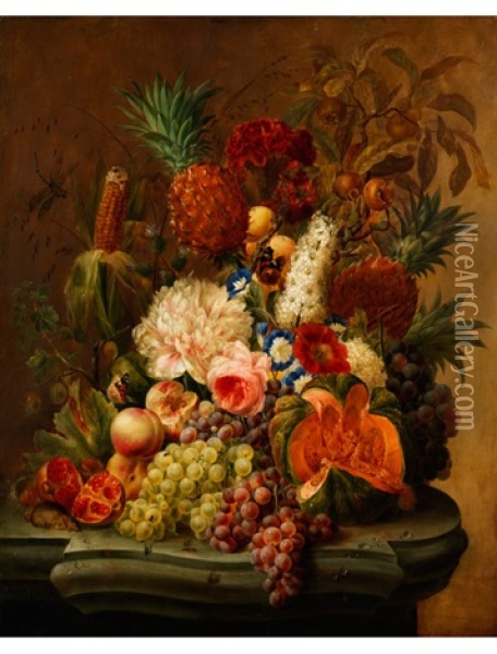 Grosses Blumenstilleben Mit Ananas, Kurbis, Mais Und Obst Oil Painting - Franz Xaver Petter