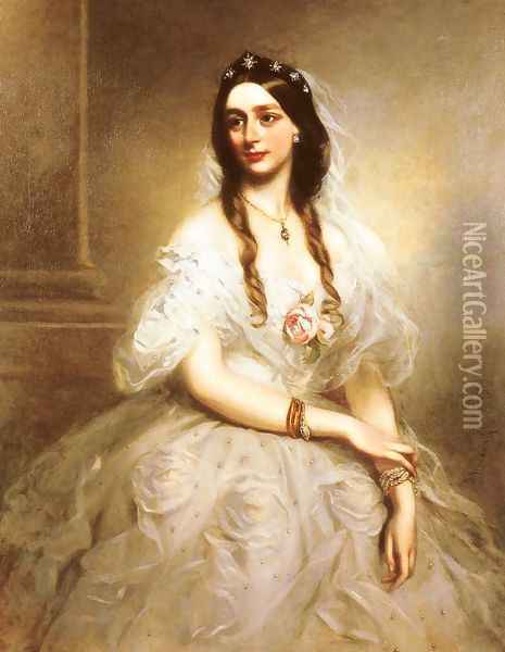 Portrait of Mrs C.W.Stoughton, three-quarter length, wearing a white dress Oil Painting - Richard Buckner