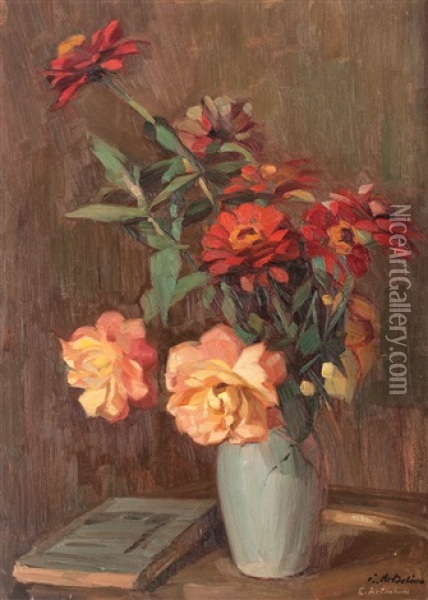 Vase With Roses And Zinnias Oil Painting - Constantin Artachino