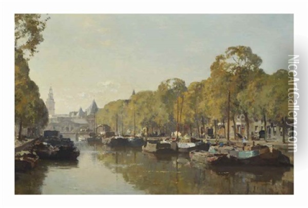 A View On The Geldersekade With The Nieuwmarkt In The Distance, Amsterdam Oil Painting - Cornelis Vreedenburgh
