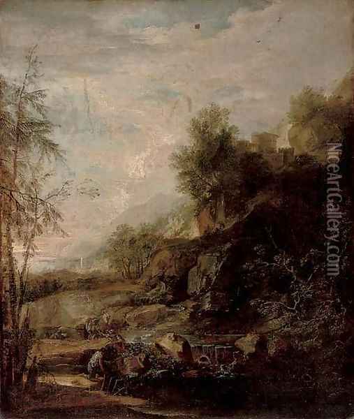 A mountainous landscape with anglers by a river Oil Painting - Salvator Rosa