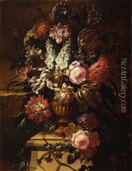 A Still Life With Roses, Peonies, Tulips And Other Flowers In A Terracotta Vase On A Pedestal Oil Painting - Pieter Hardime