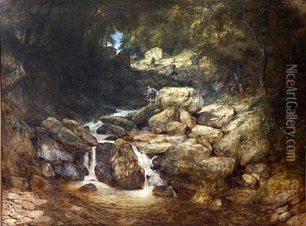 Fishermen And Other Figures By A Rocky Waterfall, Bettws-y-coed Oil Painting - William West