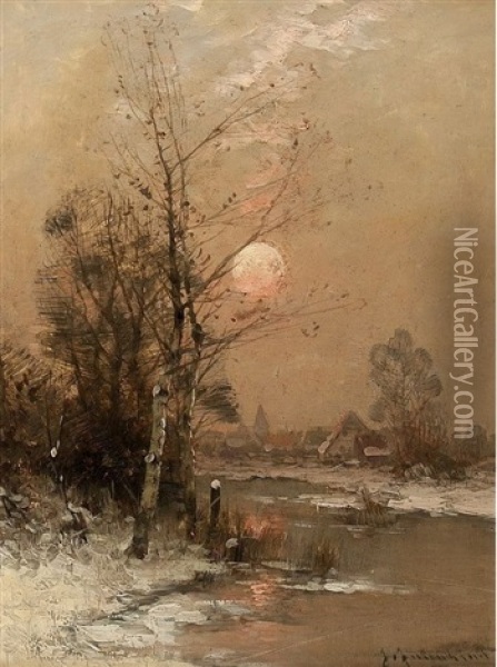 Sonnenuntergang An Einem Winterabend Oil Painting - Johann Jungblut
