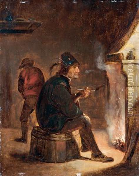 Uomo Che Fuma La Pipa Seduto Accanto Al Camino Oil Painting - David The Younger Teniers