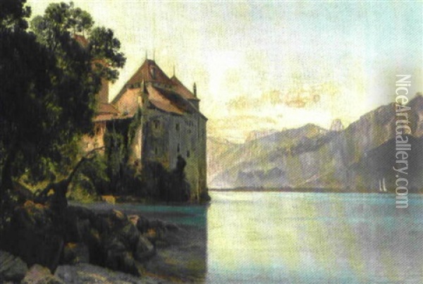 Parti Fra Genfersoen Med Chateau Chillon Oil Painting - Janus la Cour