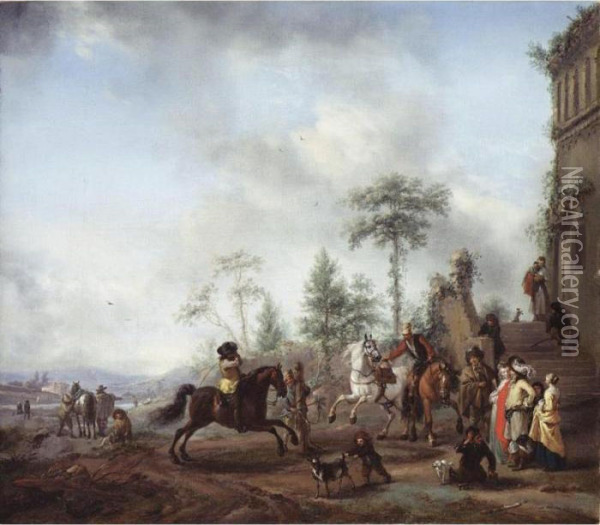 An Italianate Landscape With A 
Young Man In A Yellow Coat Riding On A Bay, Watched By An Elegant 
Couple, A Groom With Two Young Horses And Other Figures Oil Painting - Pieter Wouwermans or Wouwerman