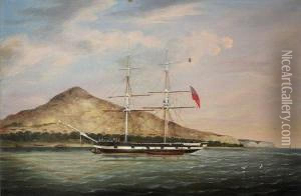 British Ship Off An Island, Possibly St Helena Oil Painting - Richard Barnett Spencer
