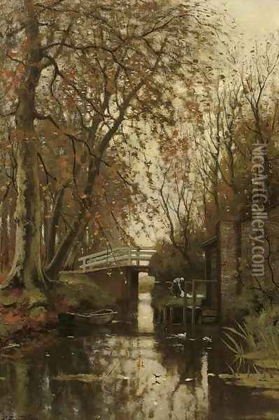 An autumn forest with a washerwoman near a bridge Oil Painting - Petrus Paulus Schiedges