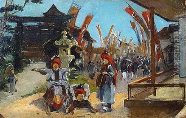 Koi Nobori (fete Des Garcons) A Kyoto Oil Painting - Louis-Jules Dumoulin