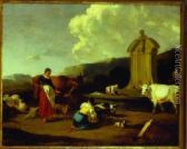 Washer Woman And Livestock At A Fountain Oil Painting - Nicolaes Berchem