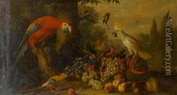 A Parrot, A Blue Tit And Other 
Birds With Grapes, Peaches, A Melon And Apples In A Park Landscape Oil Painting - Jakob Bogdani Eperjes C