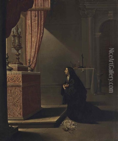 A Nun In A Church Interior Oil Painting - Willem van Mieris
