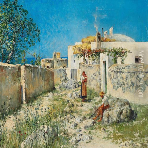 Young Couple With Their Child Outside A House, Presumably Capri Oil Painting - Holger Hvitfeldt Jerichau