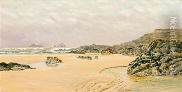 A View Of Treyarnon Bay Oil Painting - John Brett