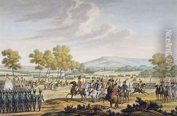 The Imperial Guard Manoeuvring in the Presence of the Two Emperors at Tilsit, 28 June 1807, engraved by Edme Bovinet 1767-1832 Oil Painting - Jacques Francois Joseph Swebach