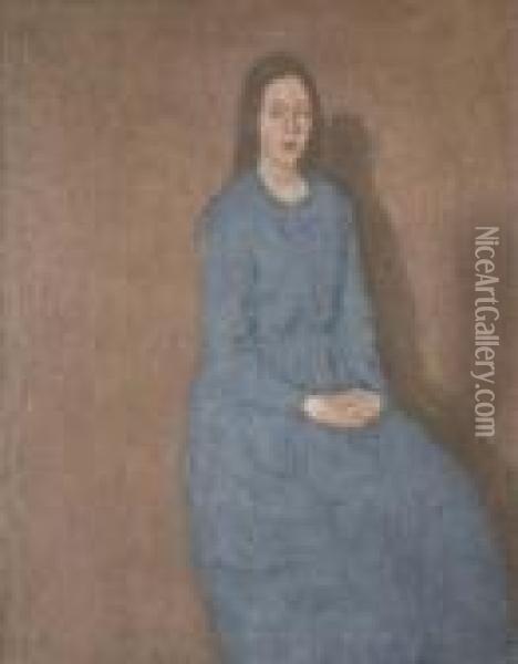 A Young Woman In Blue Oil Painting - Gwendolen John