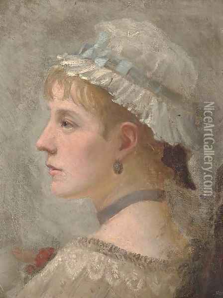 Portrait of a lady, bust-length, in a white bonnet with a blue ribbon Oil Painting - English School
