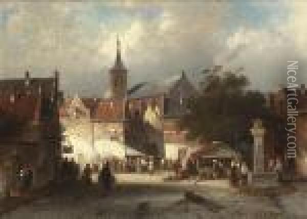 A Busy Market In A Continental Town Oil Painting - Charles Henri Leickert