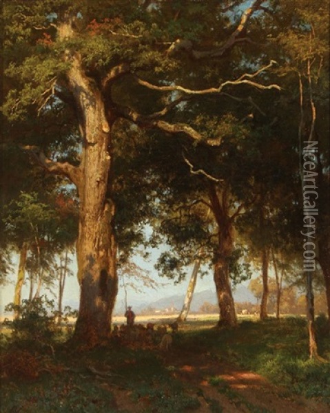 Wooded Landscape With Shepherd And Distant Mountains Oil Painting - Carl Julius E. Ludwig