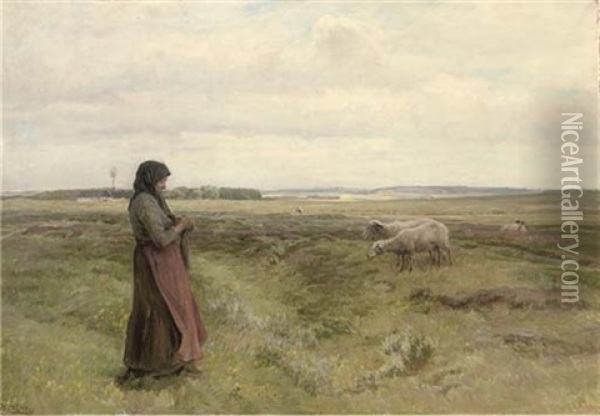 A Shepherdess Knitting Oil Painting - Knud Erik Larsen