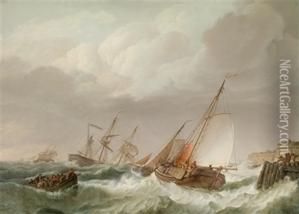Schiffe In Seenot Vor Der Kuste Oil Painting - Johannes Hermanus Koekkoek