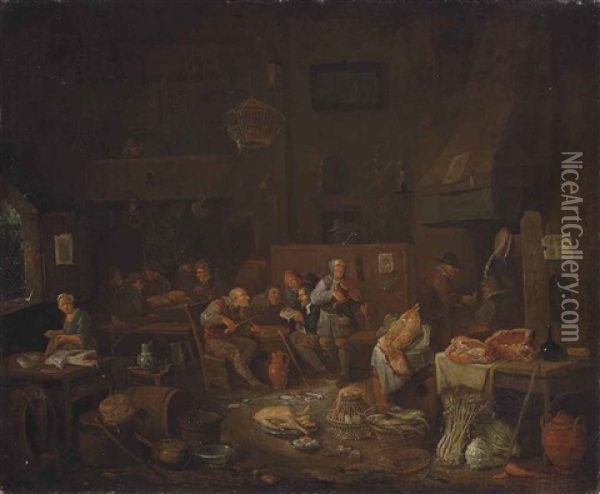 Peasants Smoking And Making Merry In A Kitchen Interior Oil Painting - Egbert van Heemskerck the Elder