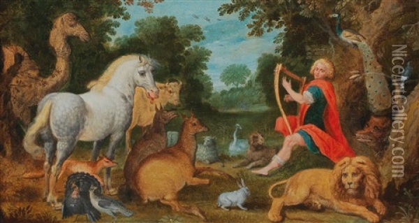 Orpheus Enchanting The Animals Oil Painting - Adriaen Van Stalbemt
