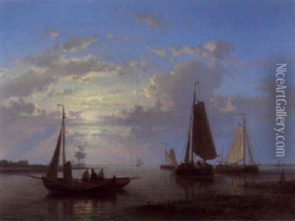 Sailing Vessels In An Estuary At Sunset Oil Painting - Abraham Hulk the Elder