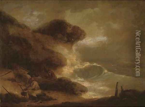 Fisherman cooking while others repair a boat in a storm Oil Painting - George Morland