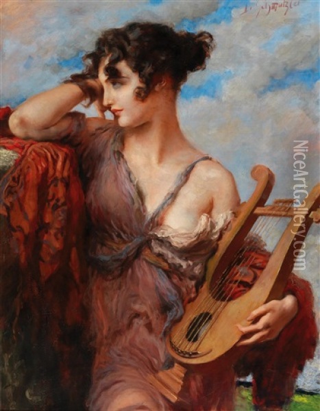 Woman With Lyre Oil Painting - Leopold Schmutzler
