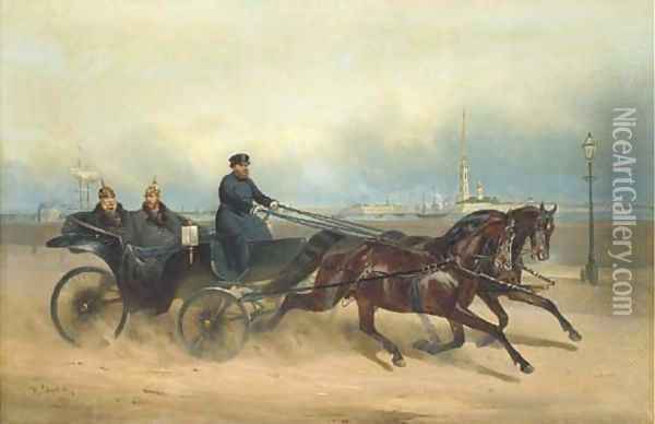 Emperor Alexander II and Kaiser Wilhelm I in a carriage with a view of the Peter-Paul Fortress, St. Petersburg Oil Painting - Nikolai Egorovich Sverchkov