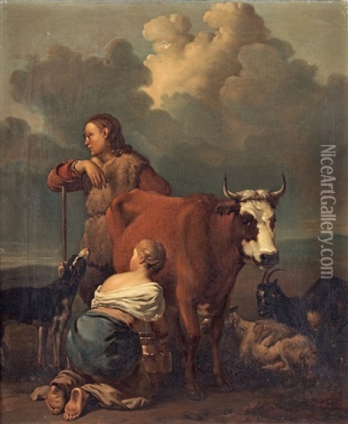 Woman Milking A Red Cow (after Dujardin) Oil Painting - Alexander Laureus