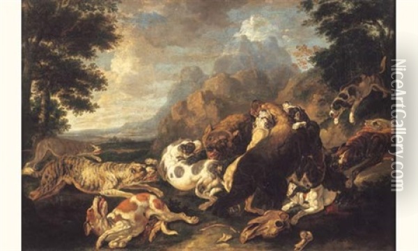Deux Ours Attaques Par Des Chiens Oil Painting - Johann Georg de Hamilton